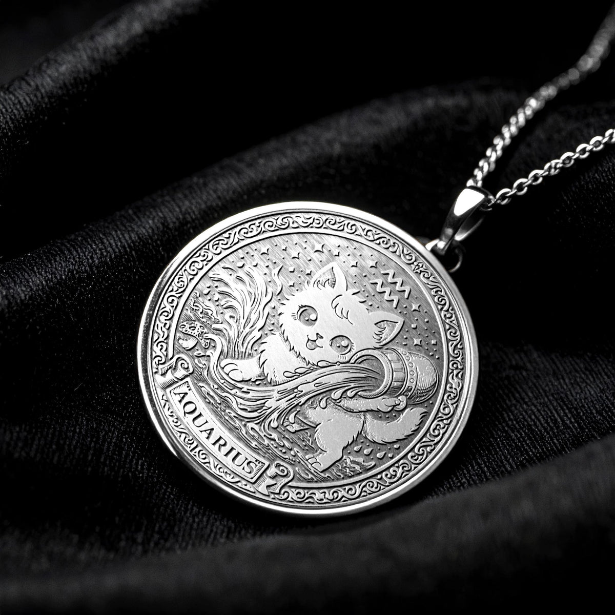 Aquarius Zodiac Cat Pendant Necklace – 14k Gold Plated, Handmade