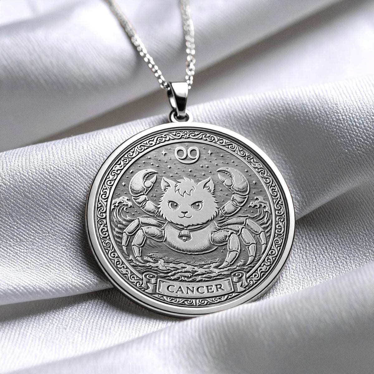 Silver Cat Cancer Zodiac Pendant Necklace