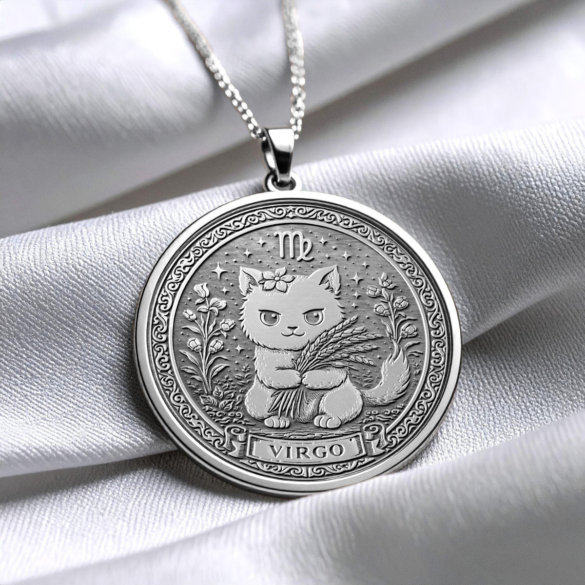 Sterling Silver Cat Virgo Zodiac Pendant Necklace