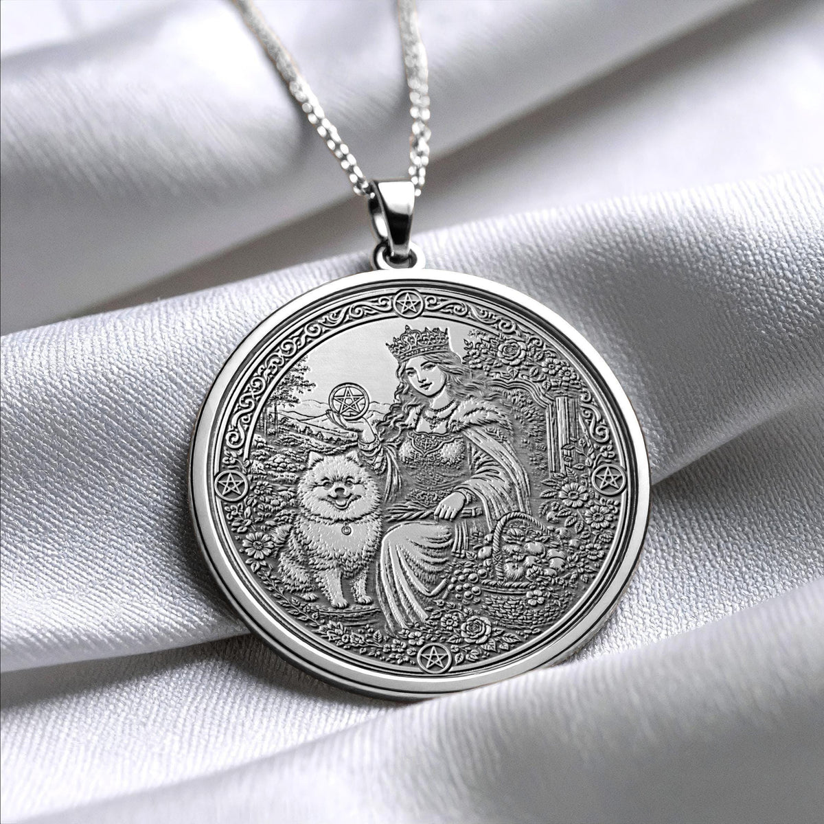 Queen of Pentacles Tarot Necklace, Tarot Card Pendant, Spiritual Jewelry, Abundance Gift