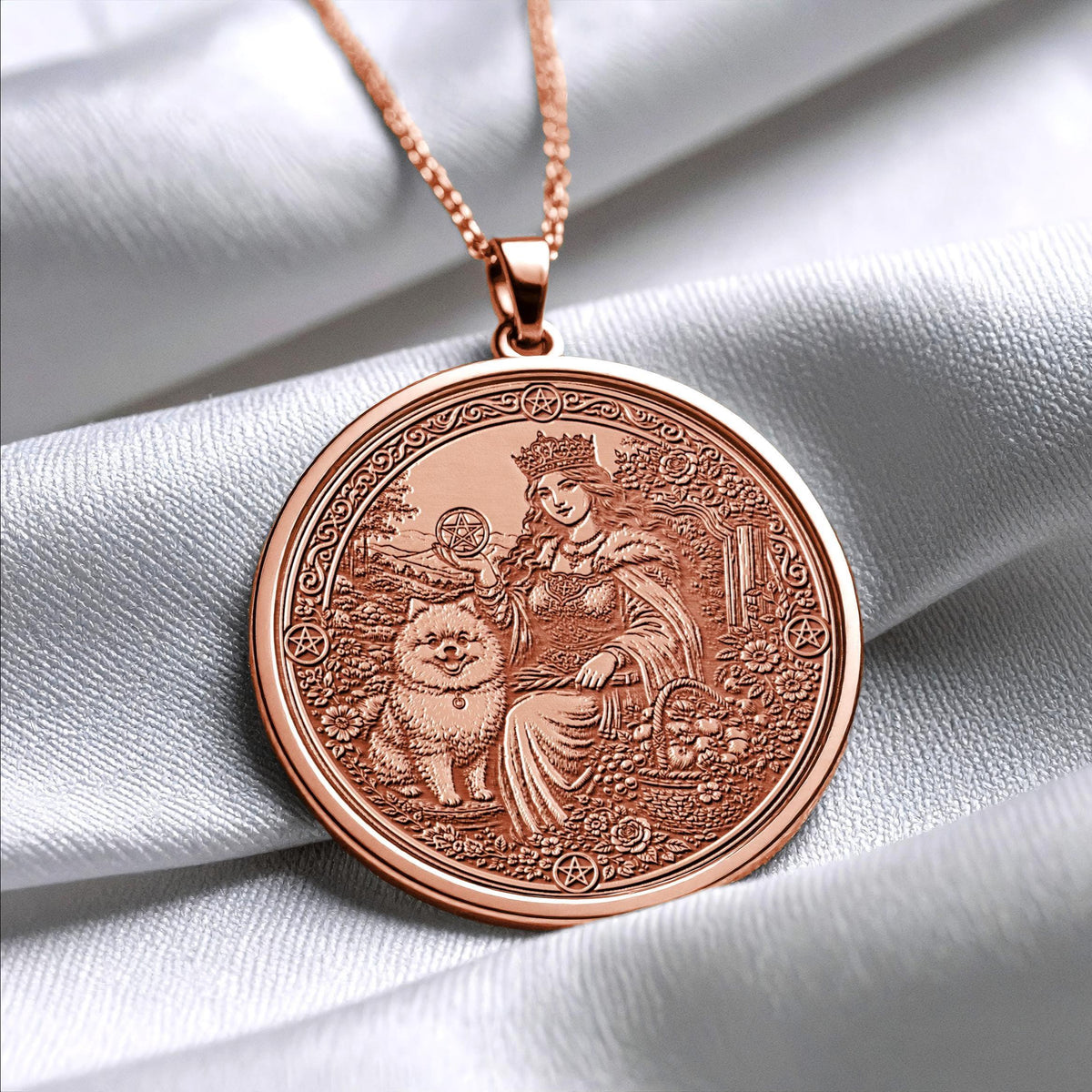 Queen of Pentacles Tarot Necklace, Tarot Card Pendant, Spiritual Jewelry, Abundance Gift