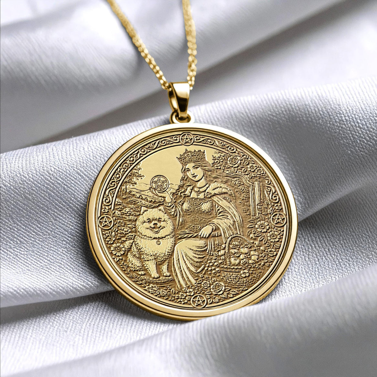 Queen of Pentacles Tarot Necklace, Tarot Card Pendant, Spiritual Jewelry, Abundance Gift