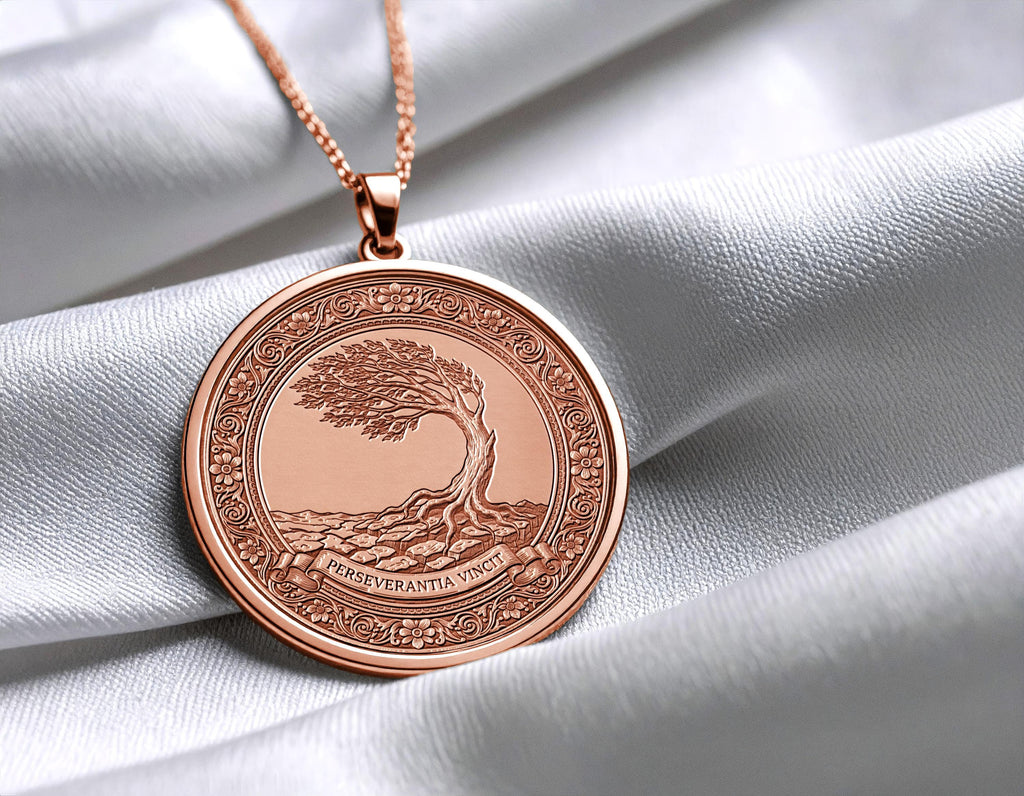 Perseverantia Vincit Necklace, Tree of Life Pendant, Latin Motto Medallion, Perseverance Conquers Jewelry