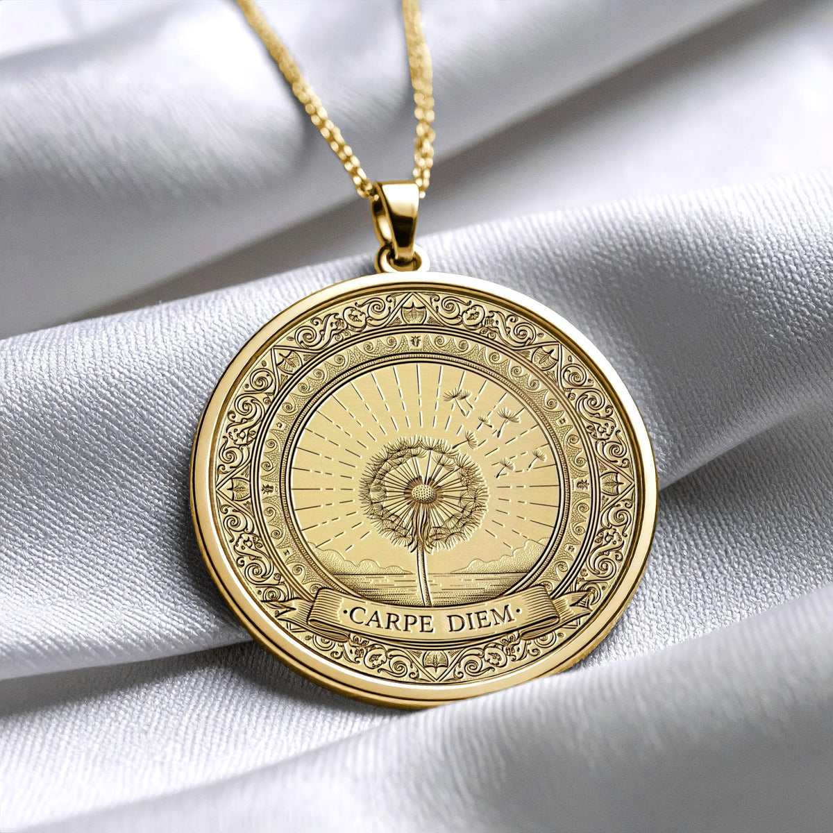 Carpe Diem Gold Pendant Necklace, Inspirational Medallion,  Meaningful Gift