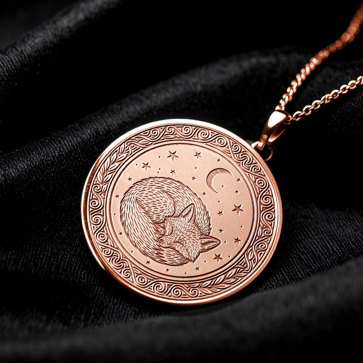 Sleeping Fox Necklace: Moonlit Kitsune Pendant with Stars
