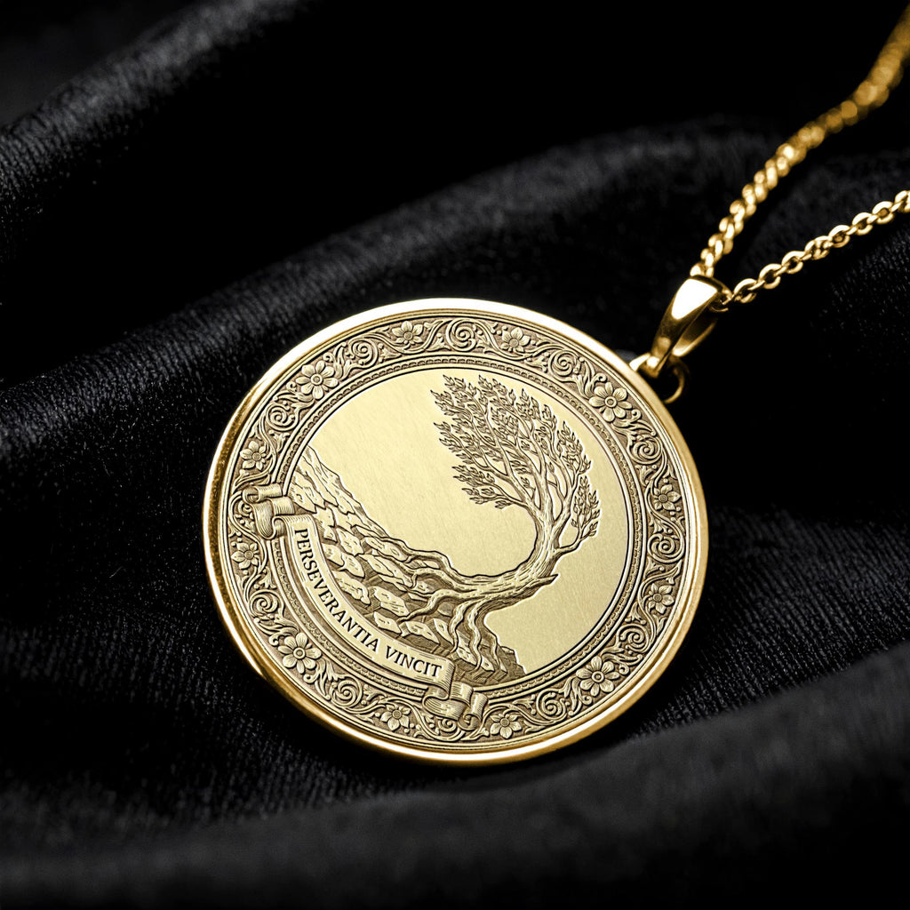 Perseverantia Vincit Necklace, Tree of Life Pendant, Latin Motto Medallion, Perseverance Conquers Jewelry