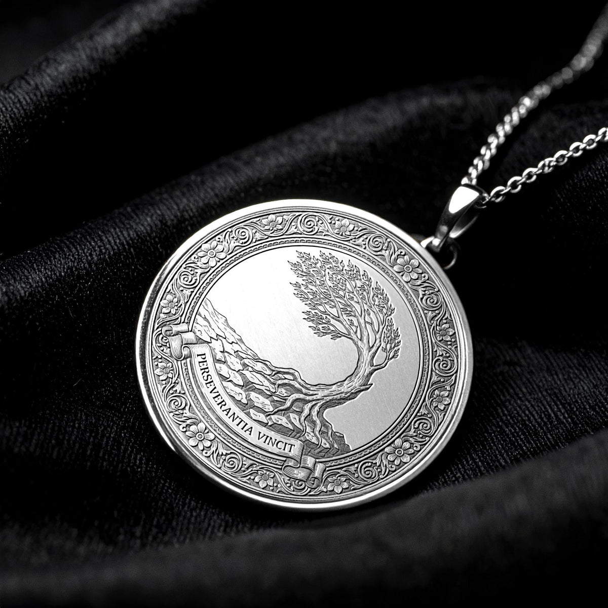 Perseverantia Vincit Necklace, Tree of Life Pendant, Latin Motto Medallion, Perseverance Conquers Jewelry