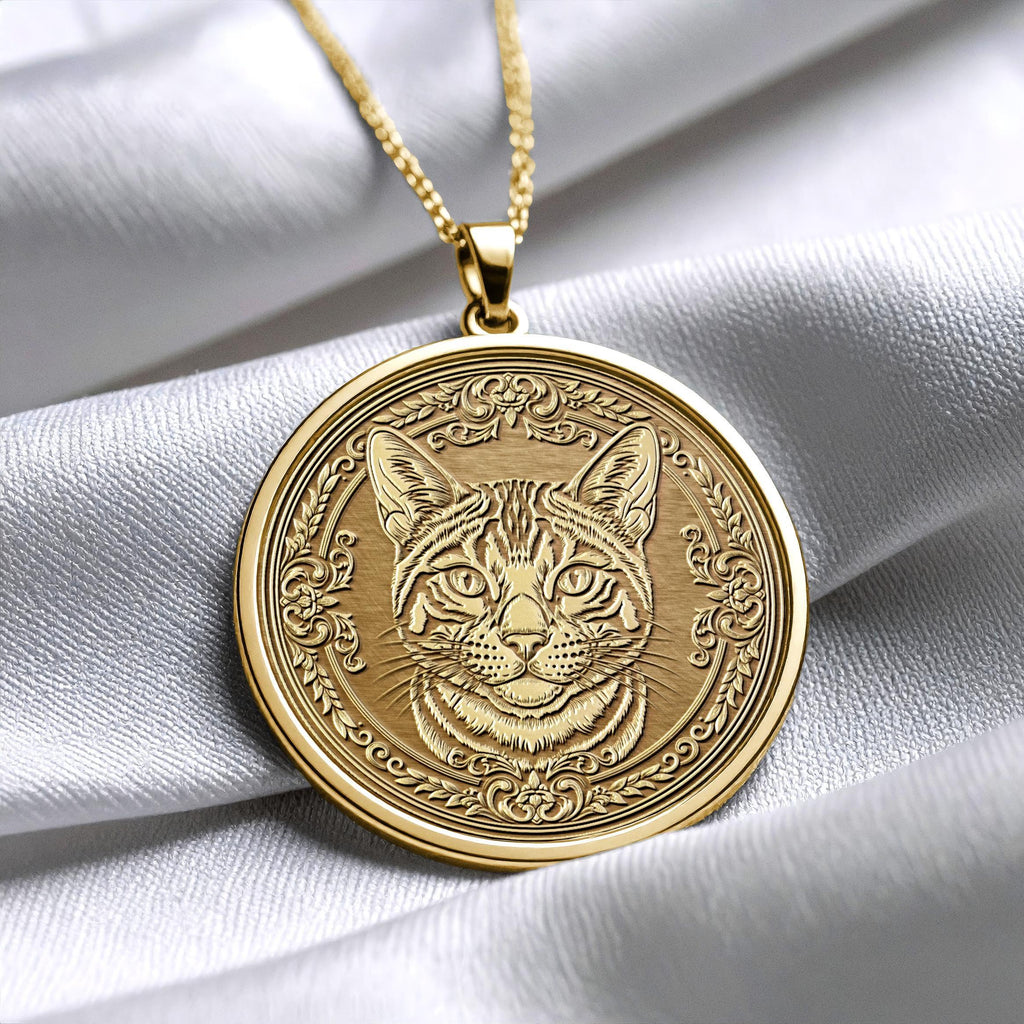 Elegant Bengal Cat Medallion Pendant, 14K Gold & Sterling Silver Necklace