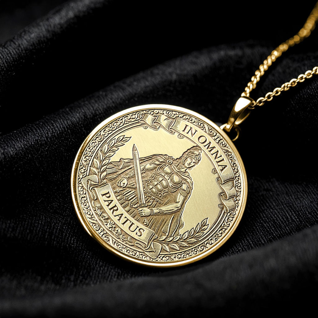 In Omnia Paratus Medallion Necklace: Eagle of Readiness, Latin Motto