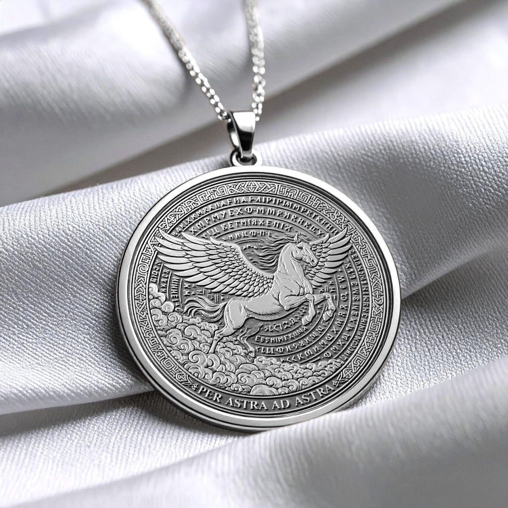 Per Aspera Ad Astra Pegasus Necklace – Latin Motto Pendant for Inspiration and Strength