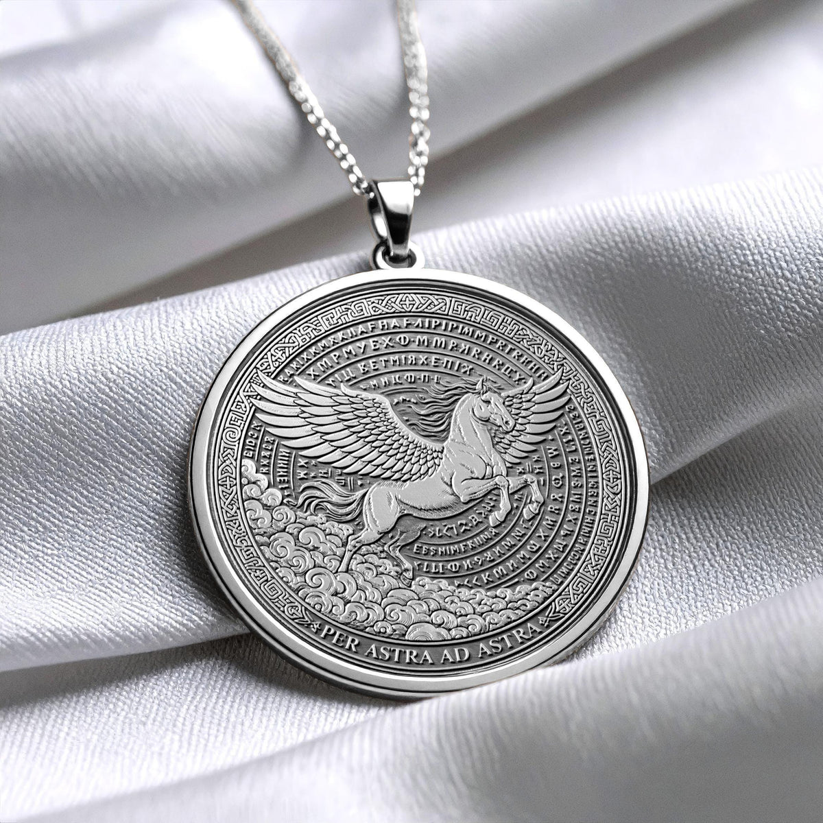 Per Aspera Ad Astra Pegasus Necklace – Latin Motto Pendant for Inspiration and Strength
