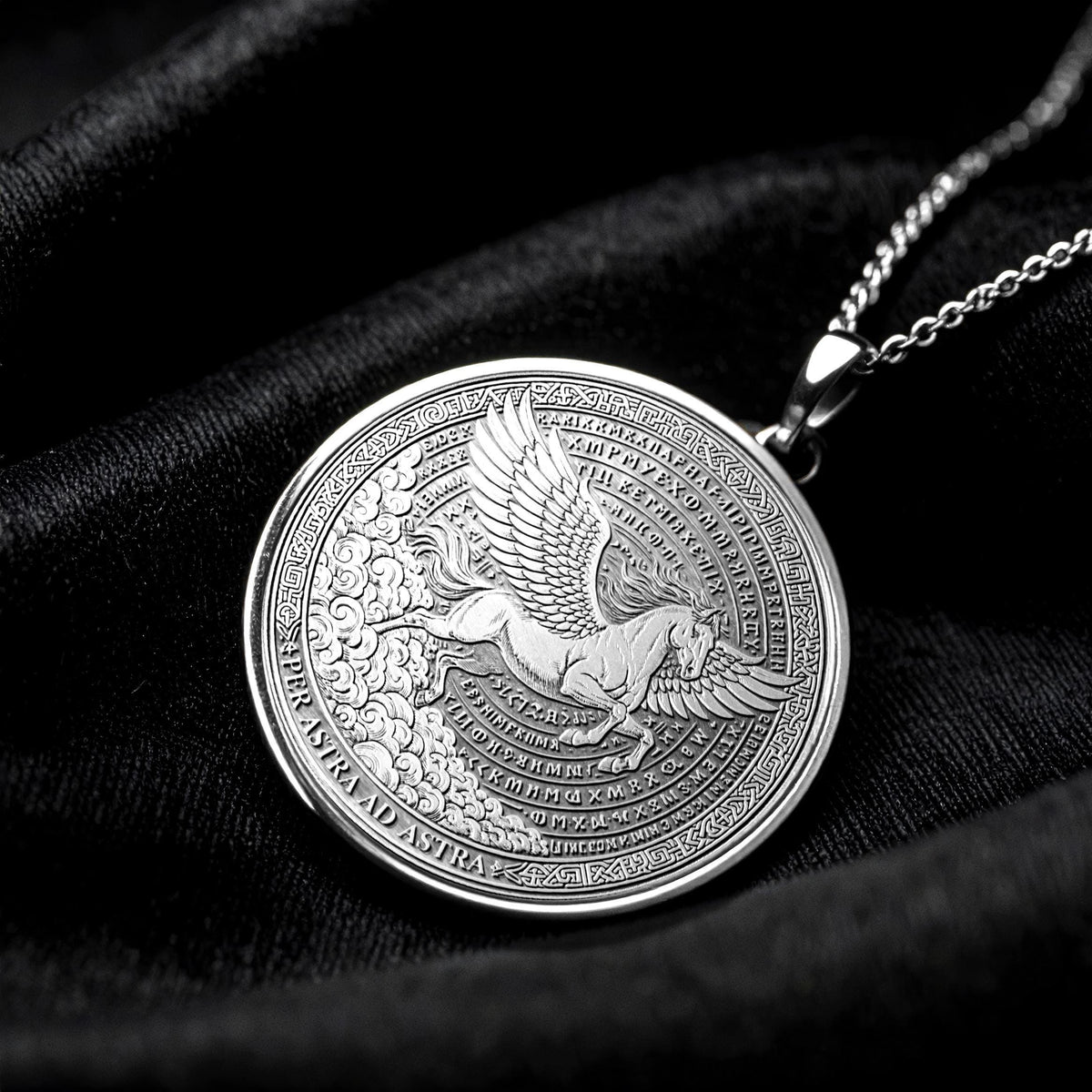 Per Aspera Ad Astra Pegasus Necklace – Latin Motto Pendant for Inspiration and Strength