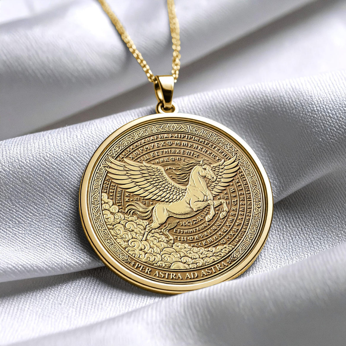 Per Aspera Ad Astra Pegasus Necklace – Latin Motto Pendant for Inspiration and Strength