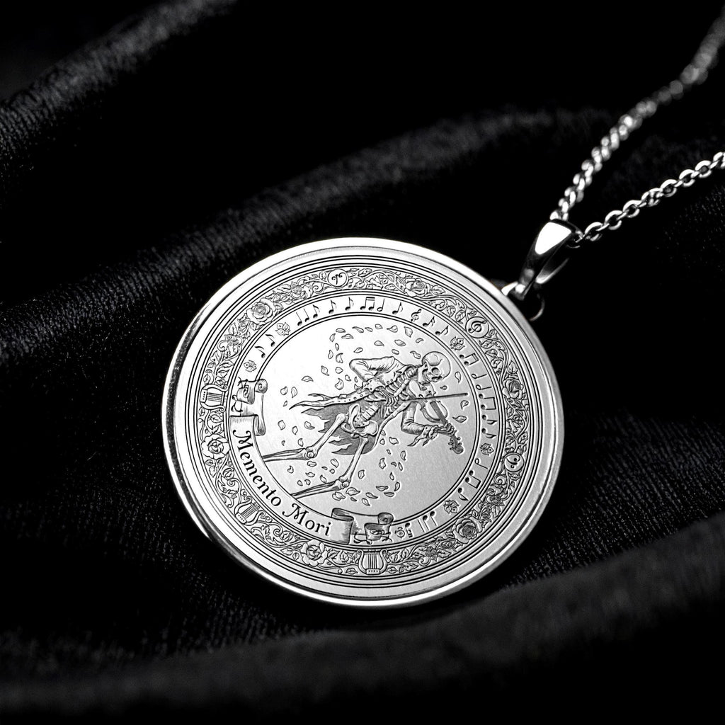 Memento Mori Necklace: Sterling Silver, Latin Motto, Stoic Jewelry