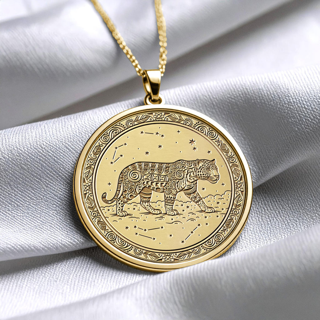 14K Gold Cosmic Jaguar Pendant: Celestial Spirit Necklace