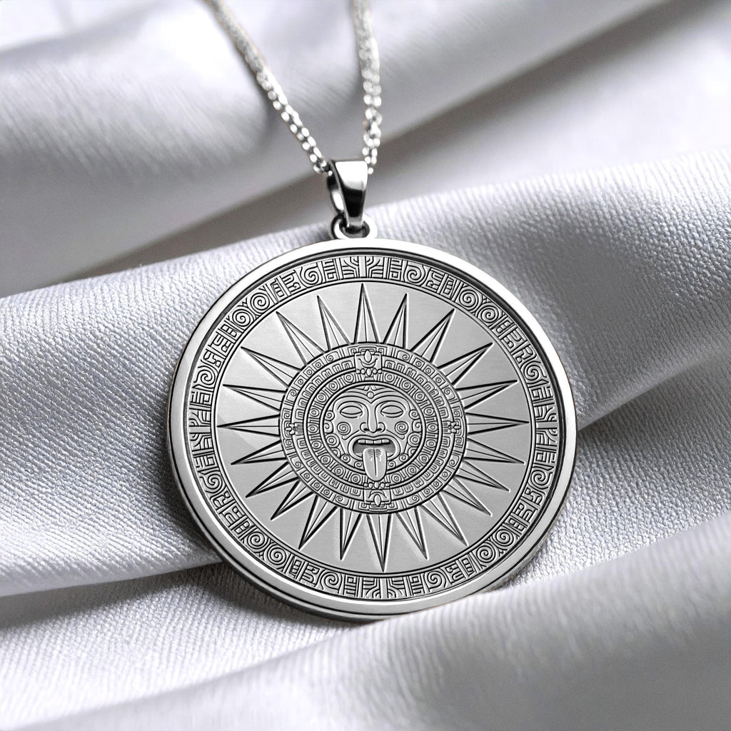 Tonatiuh Necklace , Gold Aztec Sun God Pendant, Aztec Mythology Medallion