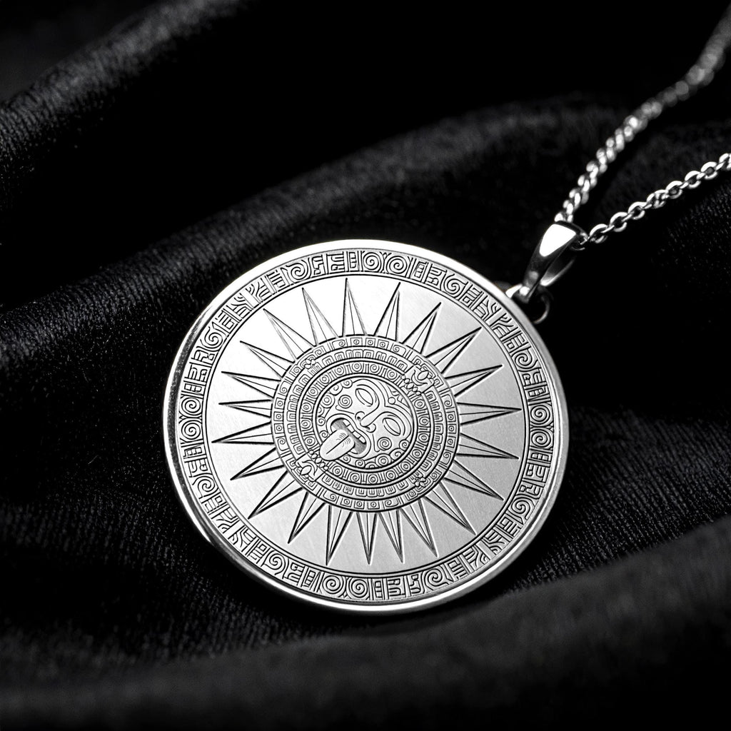 Tonatiuh Necklace , Gold Aztec Sun God Pendant, Aztec Mythology Medallion