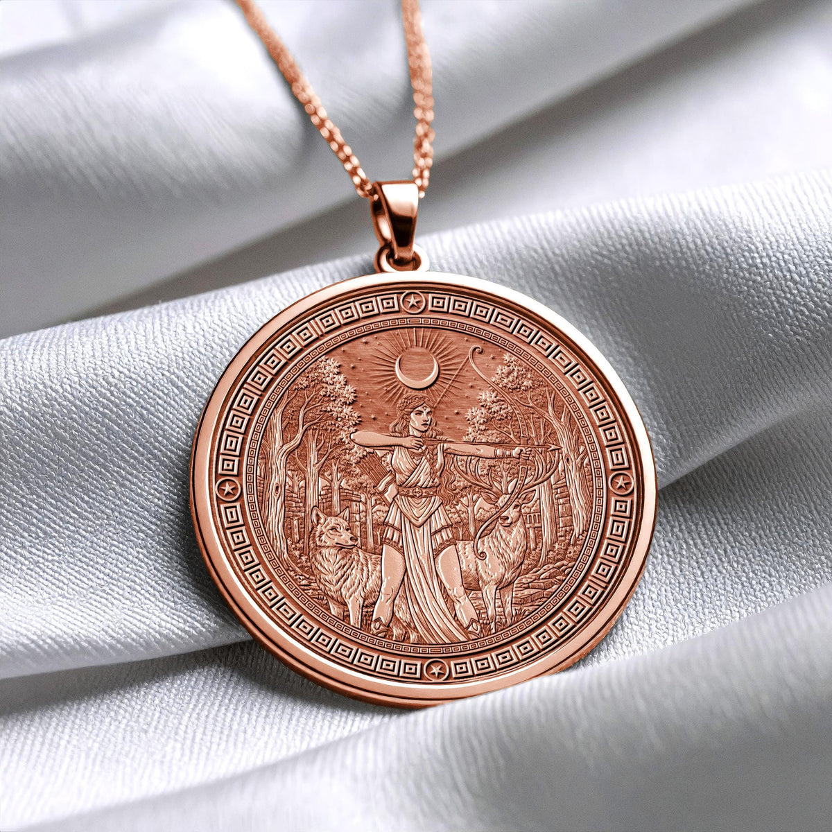 14k Solid Gold Artemis Necklace , Greek Virgin Goddess Pendant