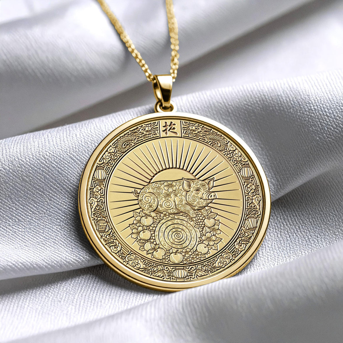 14k Gold Year of the Pig Necklace , Silver Animal Zodiac Pendant
