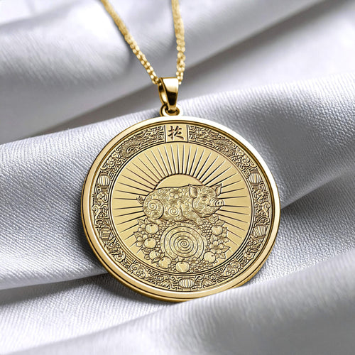 14k Gold Year of the Pig Necklace , Silver Animal Zodiac Pendant