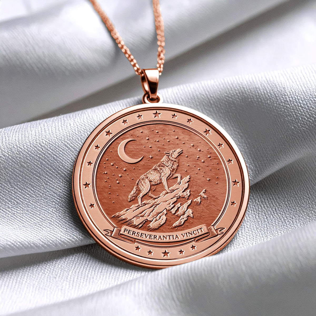 Perseverantia Vincit Wolf Necklace , Gold Latin Motto Pendant