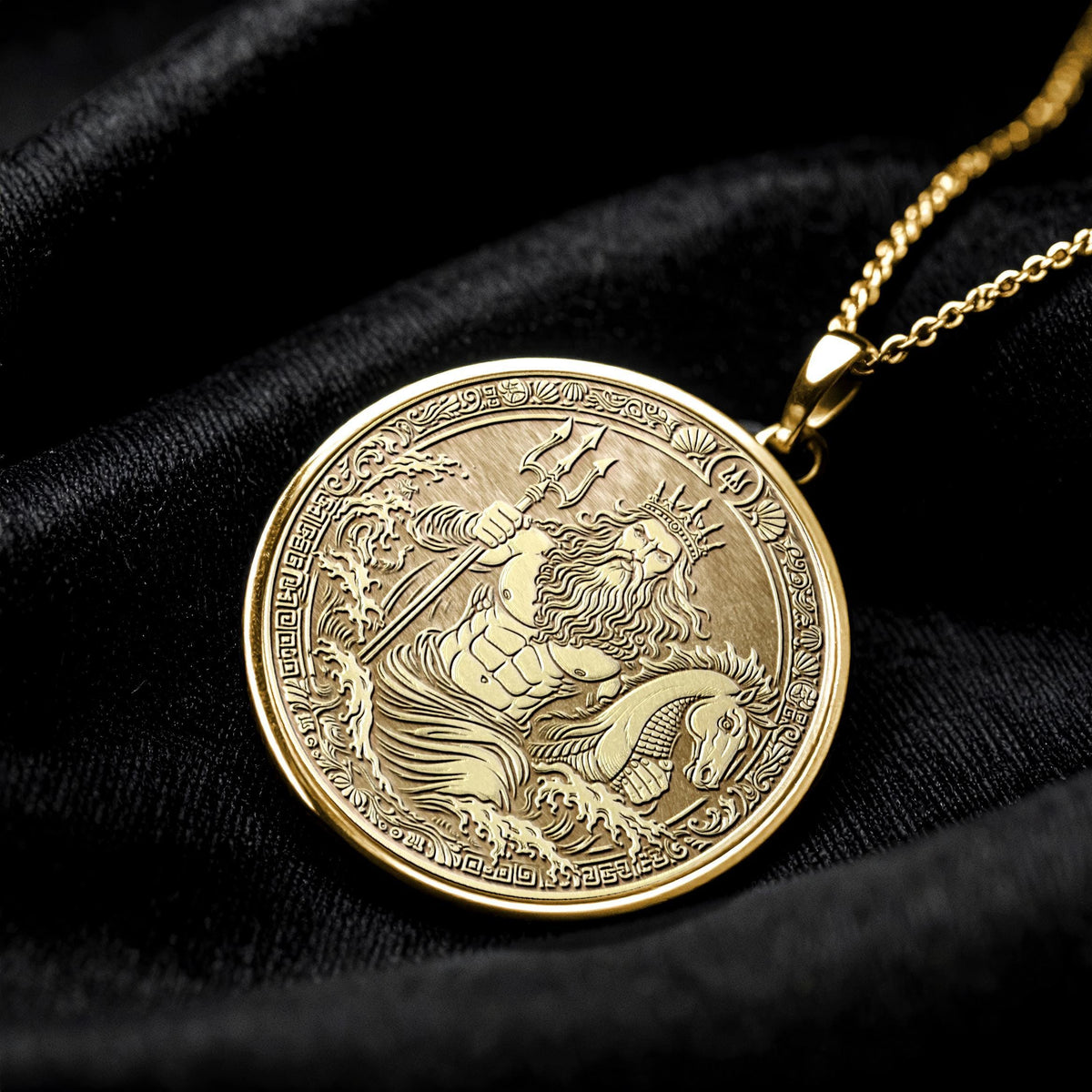 14K Solid Gold Poseidon Medallion Necklace: Greek God Ocean Talisman