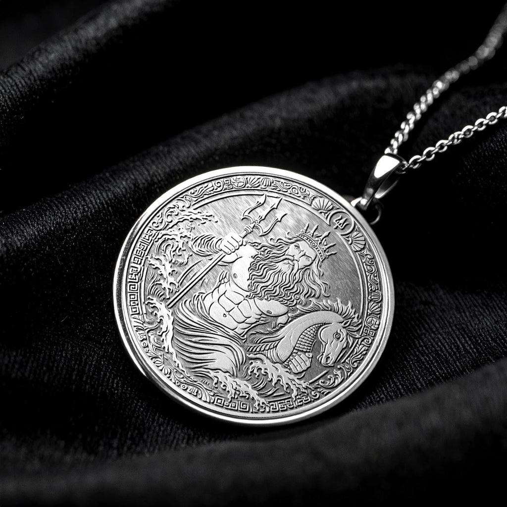 14K Solid Gold Poseidon Medallion Necklace: Greek God Ocean Talisman