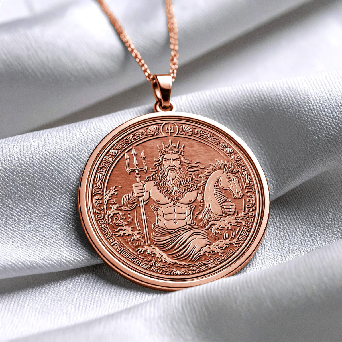 14K Solid Gold Poseidon Medallion Necklace: Greek God Ocean Talisman