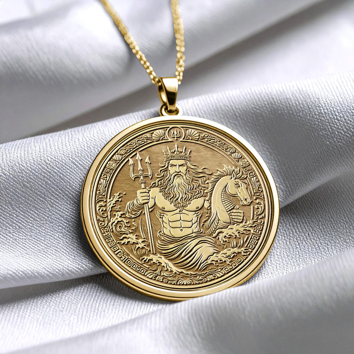 14K Solid Gold Poseidon Medallion Necklace: Greek God Ocean Talisman