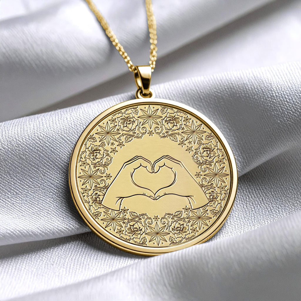 Heart Hands Mandala Pendant Necklace – Sterling Silver, Floral Medallion
