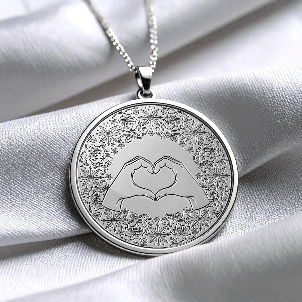Heart Hands Mandala Pendant Necklace – Sterling Silver, Floral Medallion