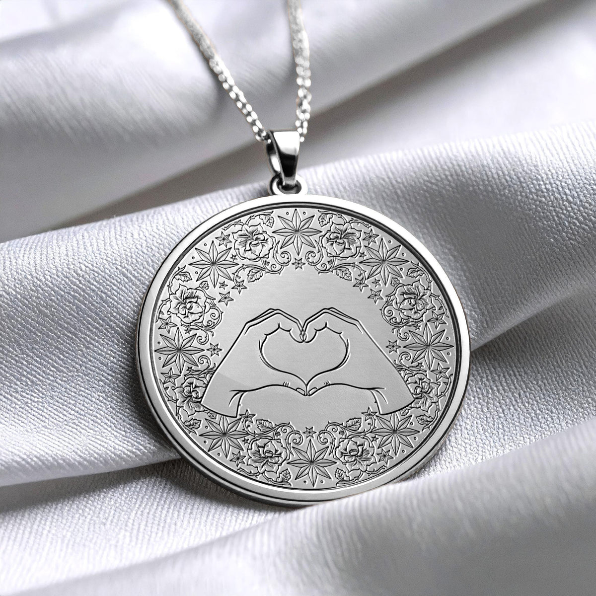 Heart Hands Mandala Pendant Necklace – Sterling Silver, Floral Medallion