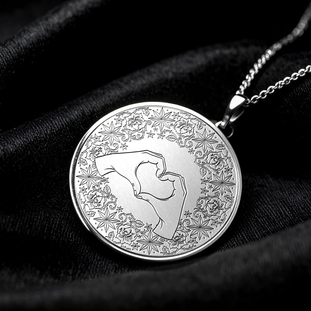 Heart Hands Mandala Pendant Necklace – Sterling Silver, Floral Medallion
