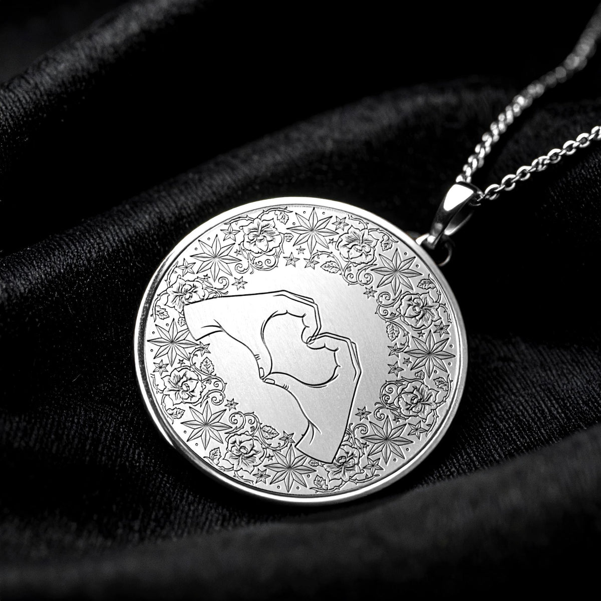 Heart Hands Mandala Pendant Necklace – Sterling Silver, Floral Medallion