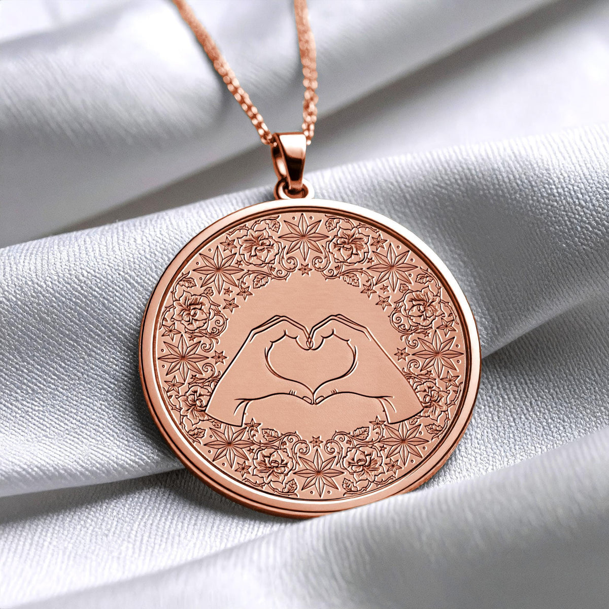 Heart Hands Mandala Pendant Necklace – Sterling Silver, Floral Medallion