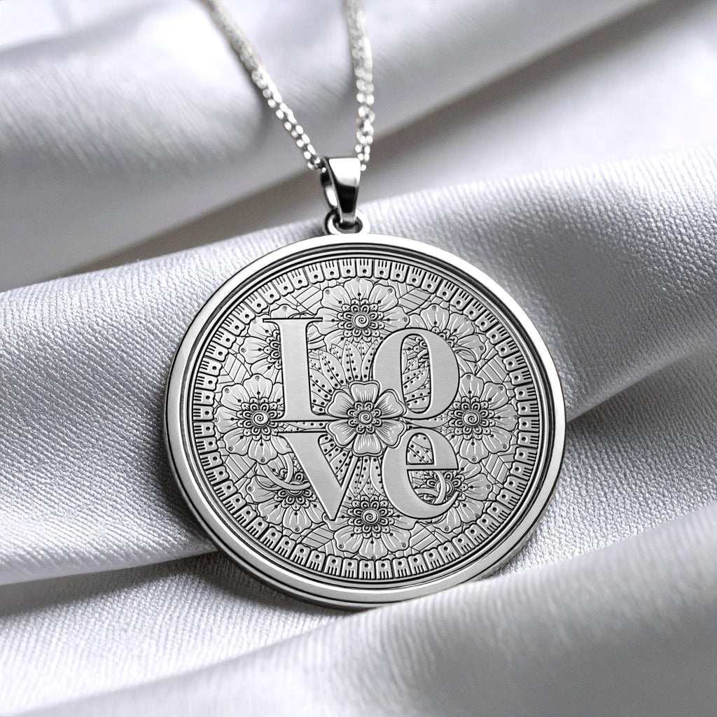 Gold Love Mandala Pendant Necklace – Floral Coin Medallion Jewelry