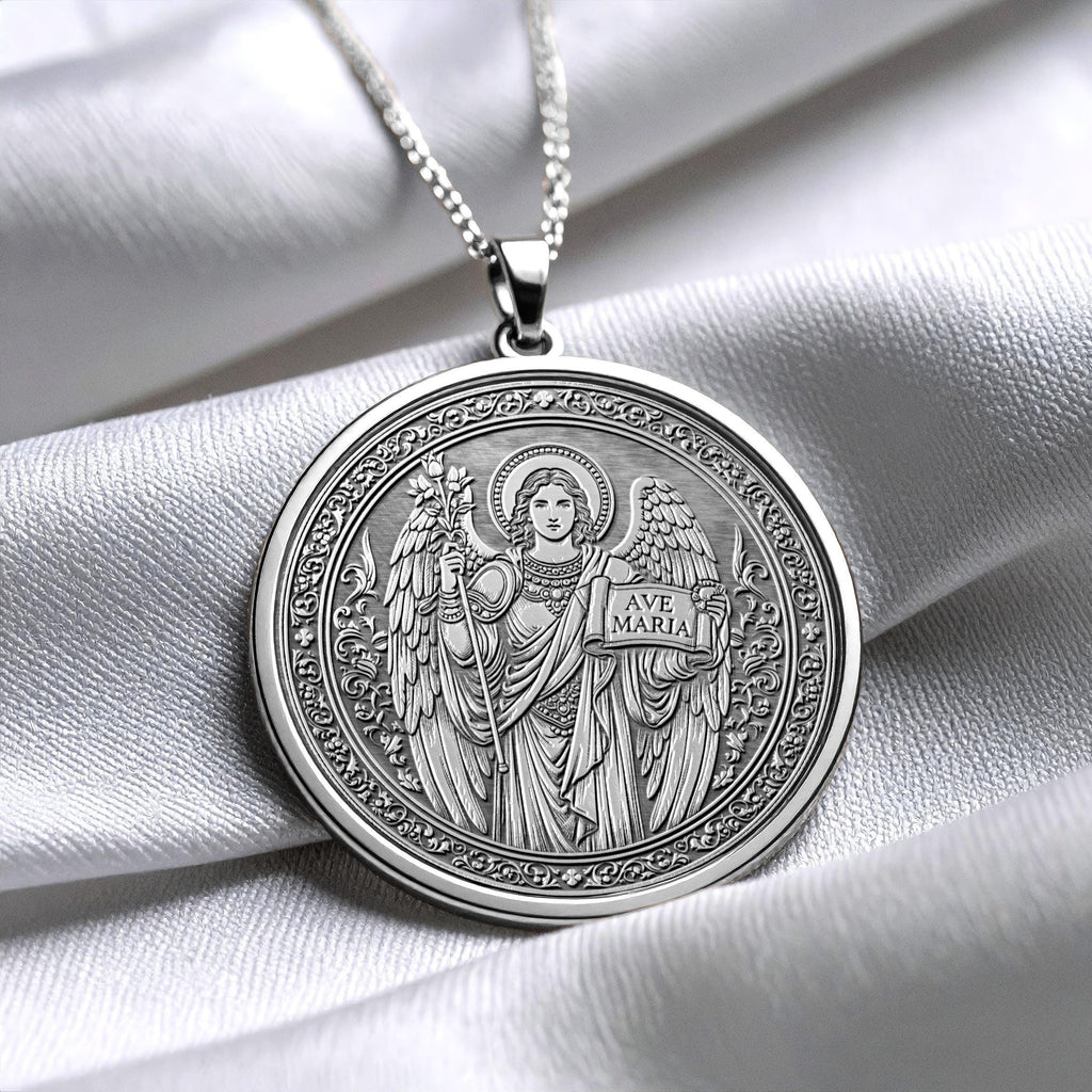 14k Solid Gold Gabriel Necklace, Silver Archangel Medallion , Guardian Jewelry