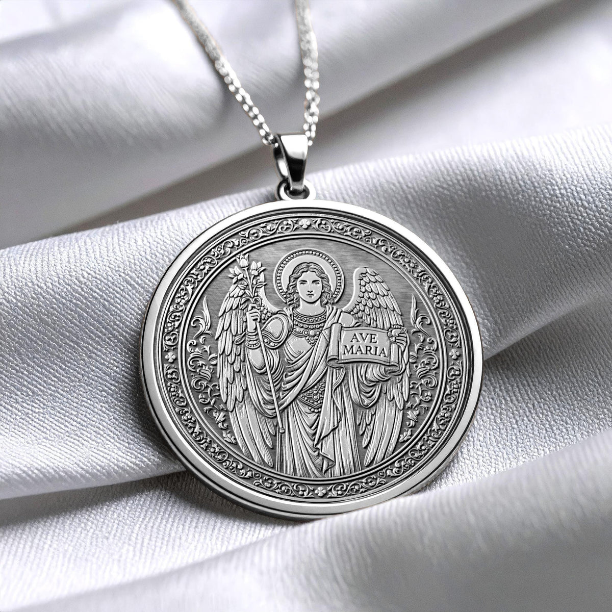14k Solid Gold Gabriel Necklace, Silver Archangel Medallion , Guardian Jewelry