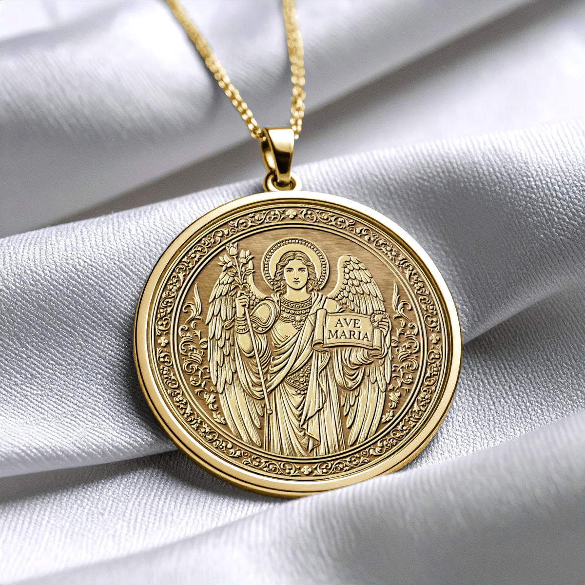 14k Solid Gold Gabriel Necklace, Silver Archangel Medallion , Guardian Jewelry
