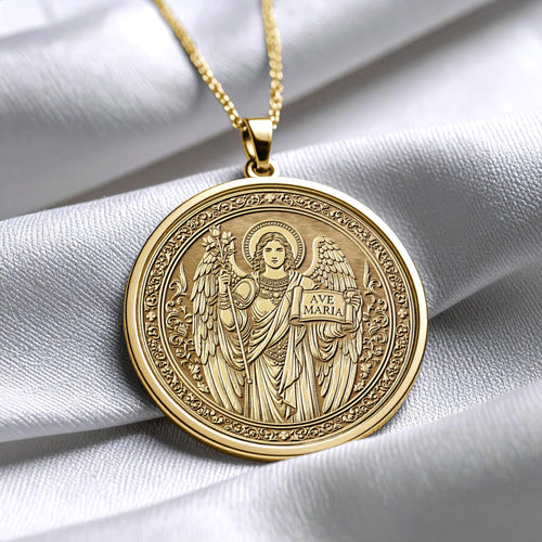 14k Solid Gold Gabriel Necklace, Silver Archangel Medallion , Guardian Jewelry