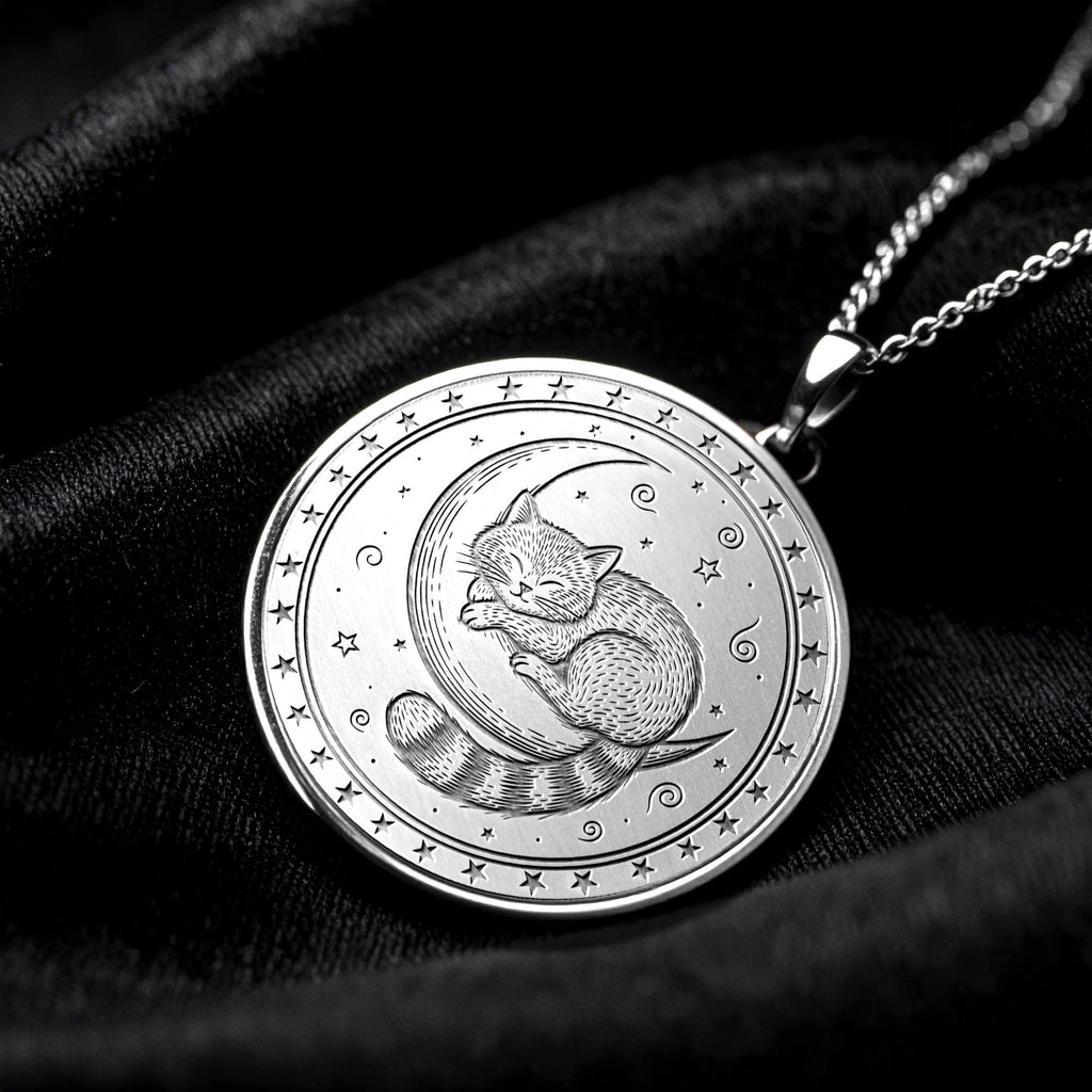 Moon Cat Medallion Necklace – Mystic Sleeping Feline Pendant
