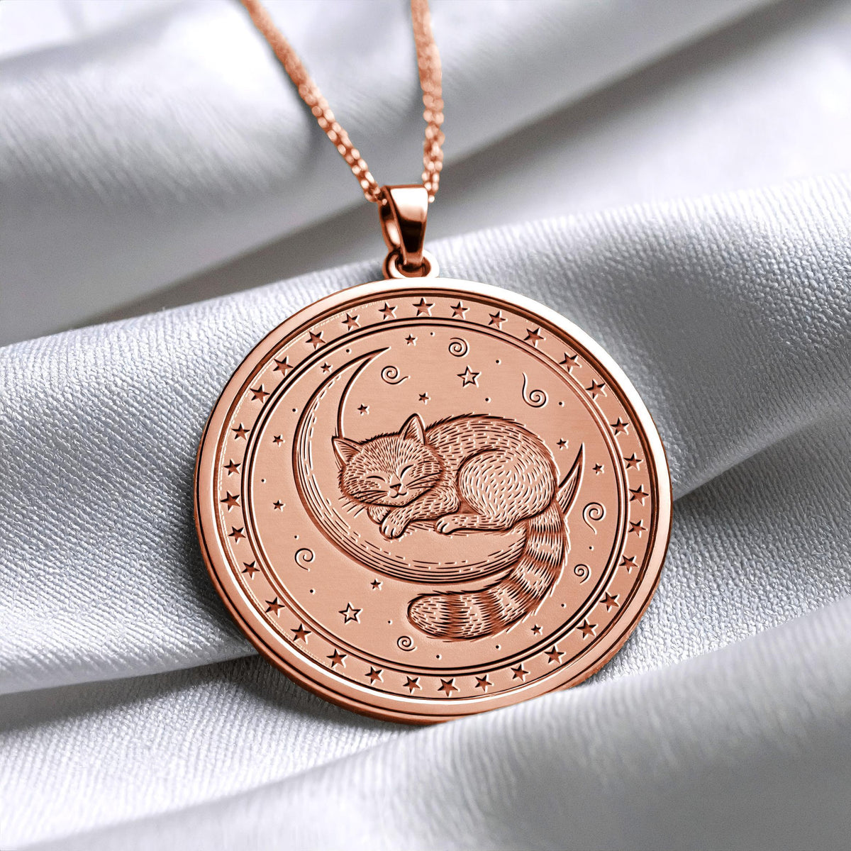 Moon Cat Medallion Necklace – Mystic Sleeping Feline Pendant