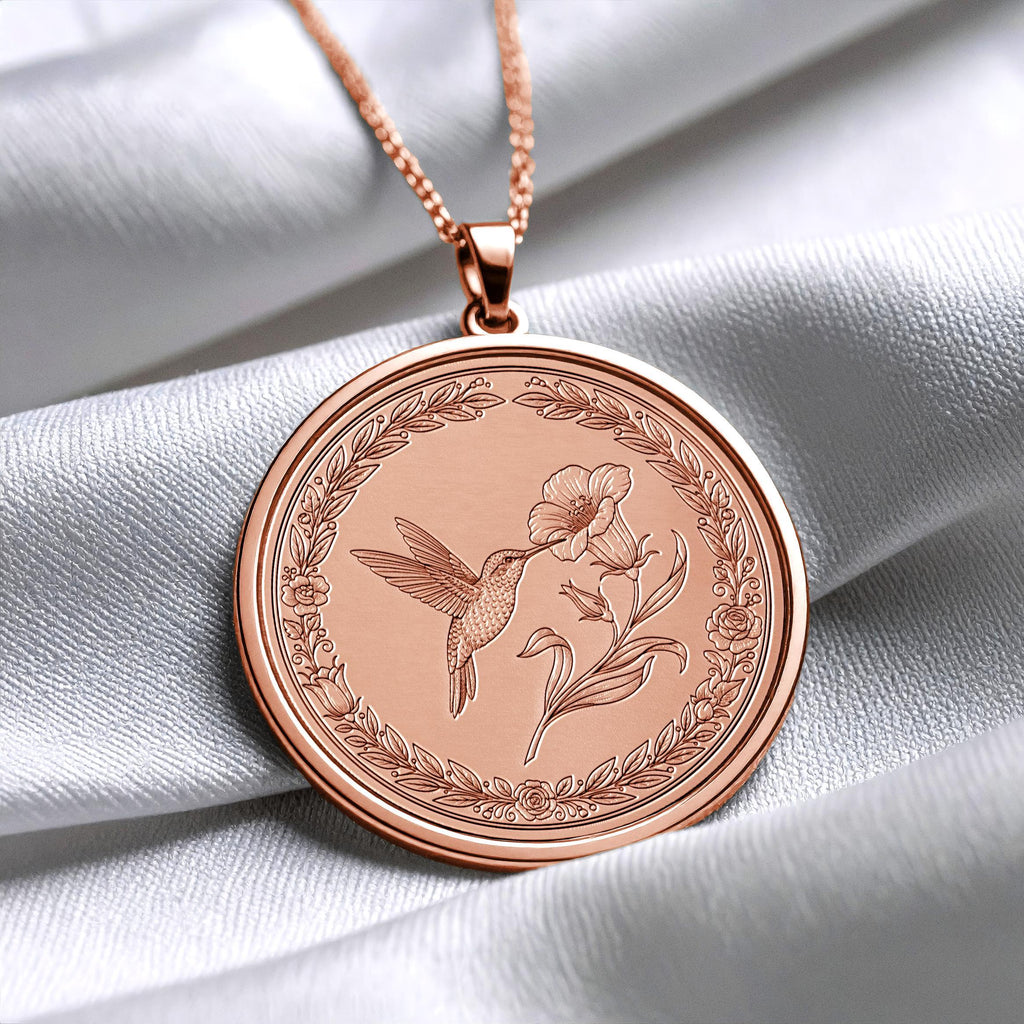 Hummingbird Medallion Necklace • Engraved Bird Charm, 14k Gold or Silver