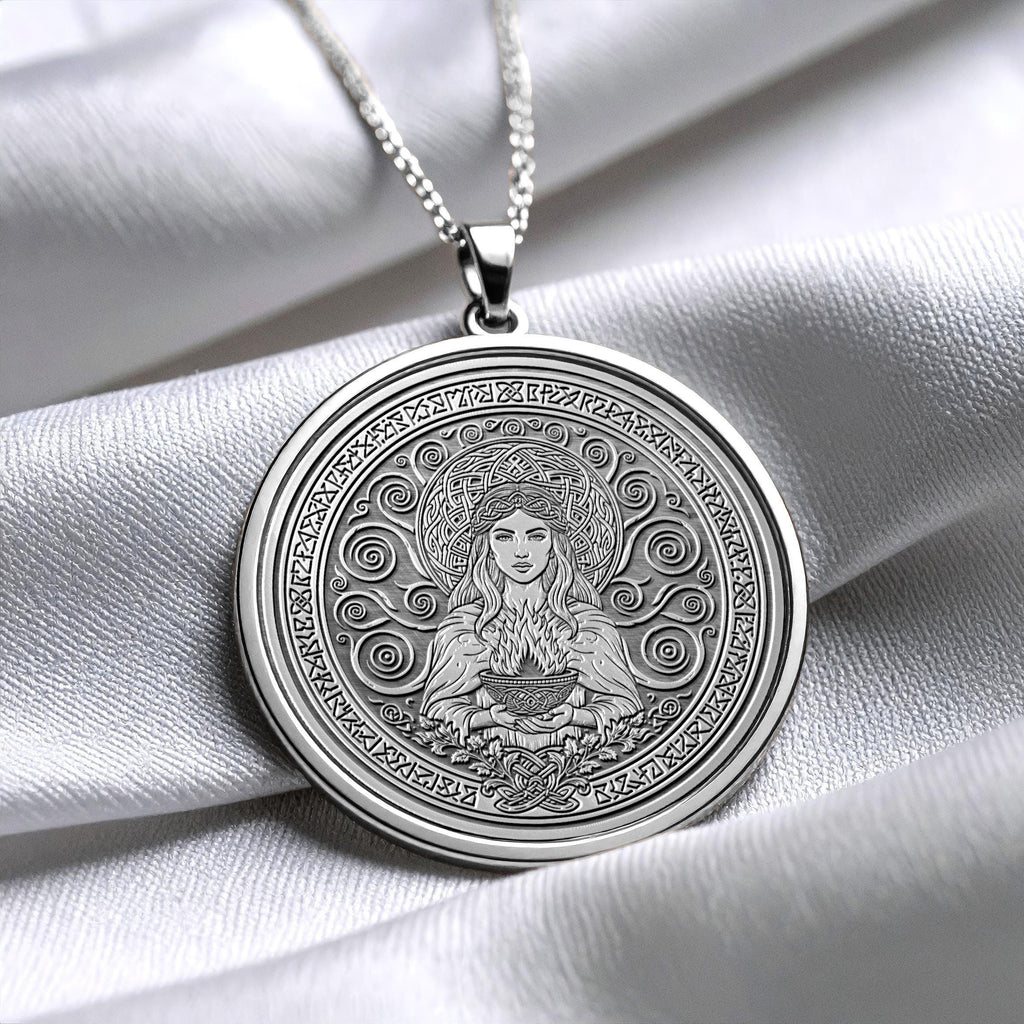 Celtic Goddess Brighid Necklace , Inspiration and Healing Medallion , Sacred Fire Pendant