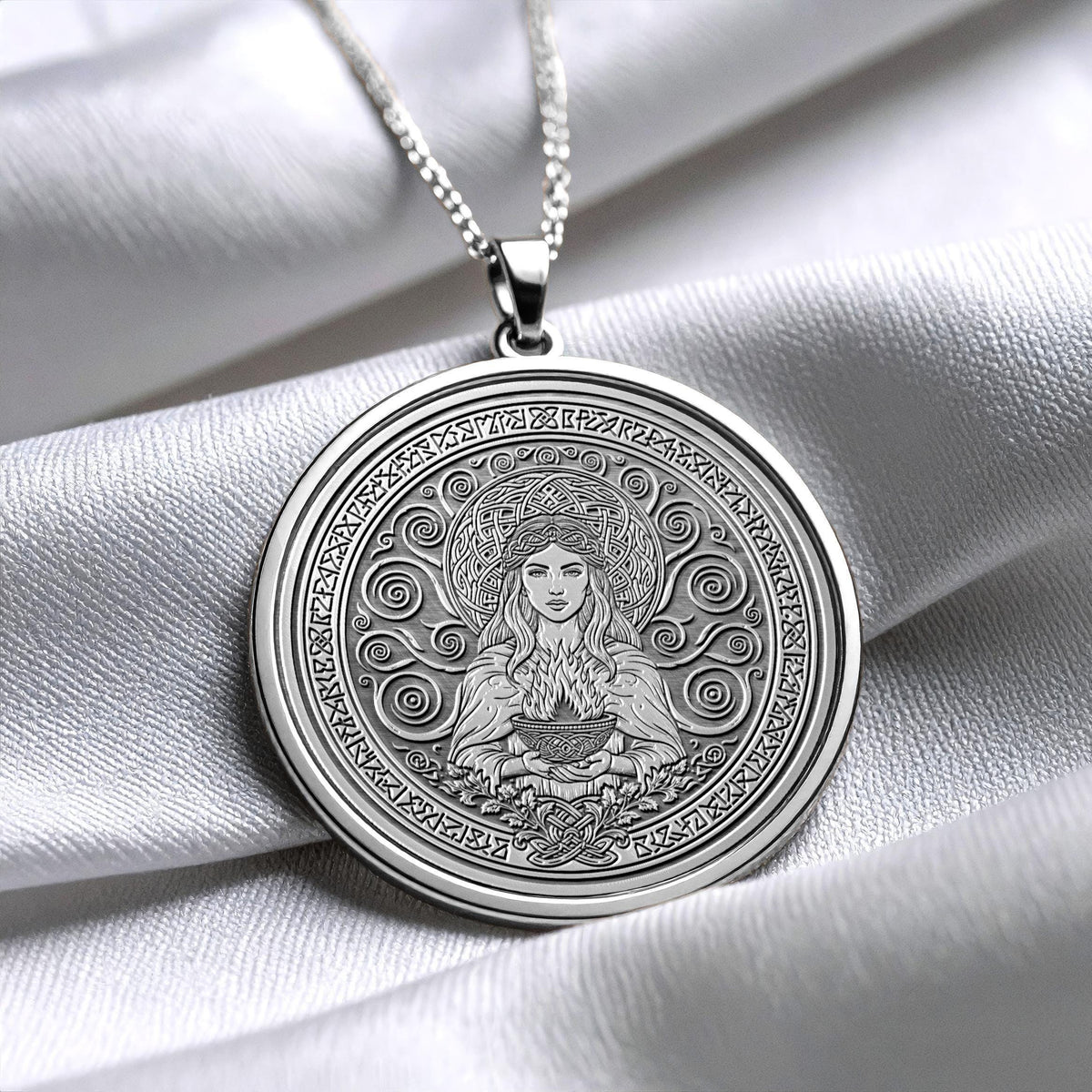Celtic Goddess Brighid Necklace , Inspiration and Healing Medallion , Sacred Fire Pendant