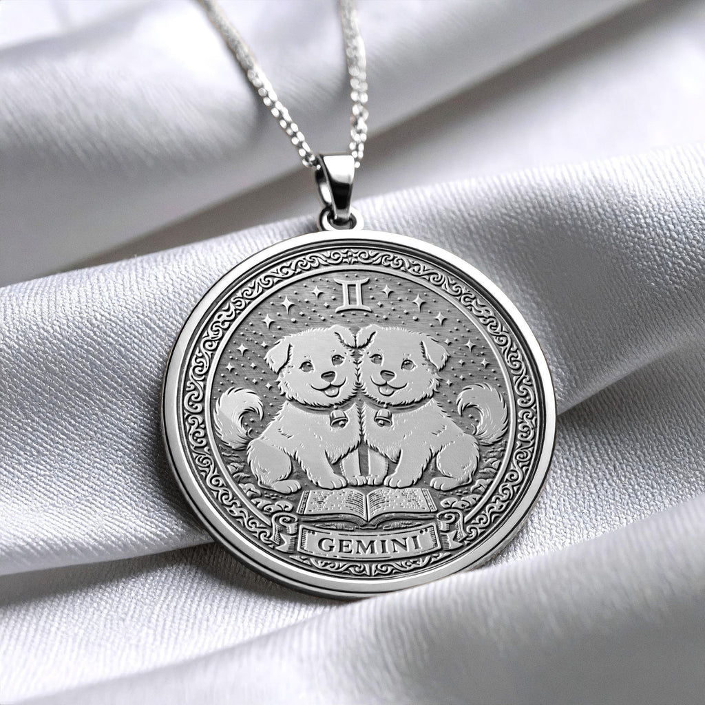 Gemini Zodiac Dog Charm Necklace – 925 Sterling Silver, Gold Plated