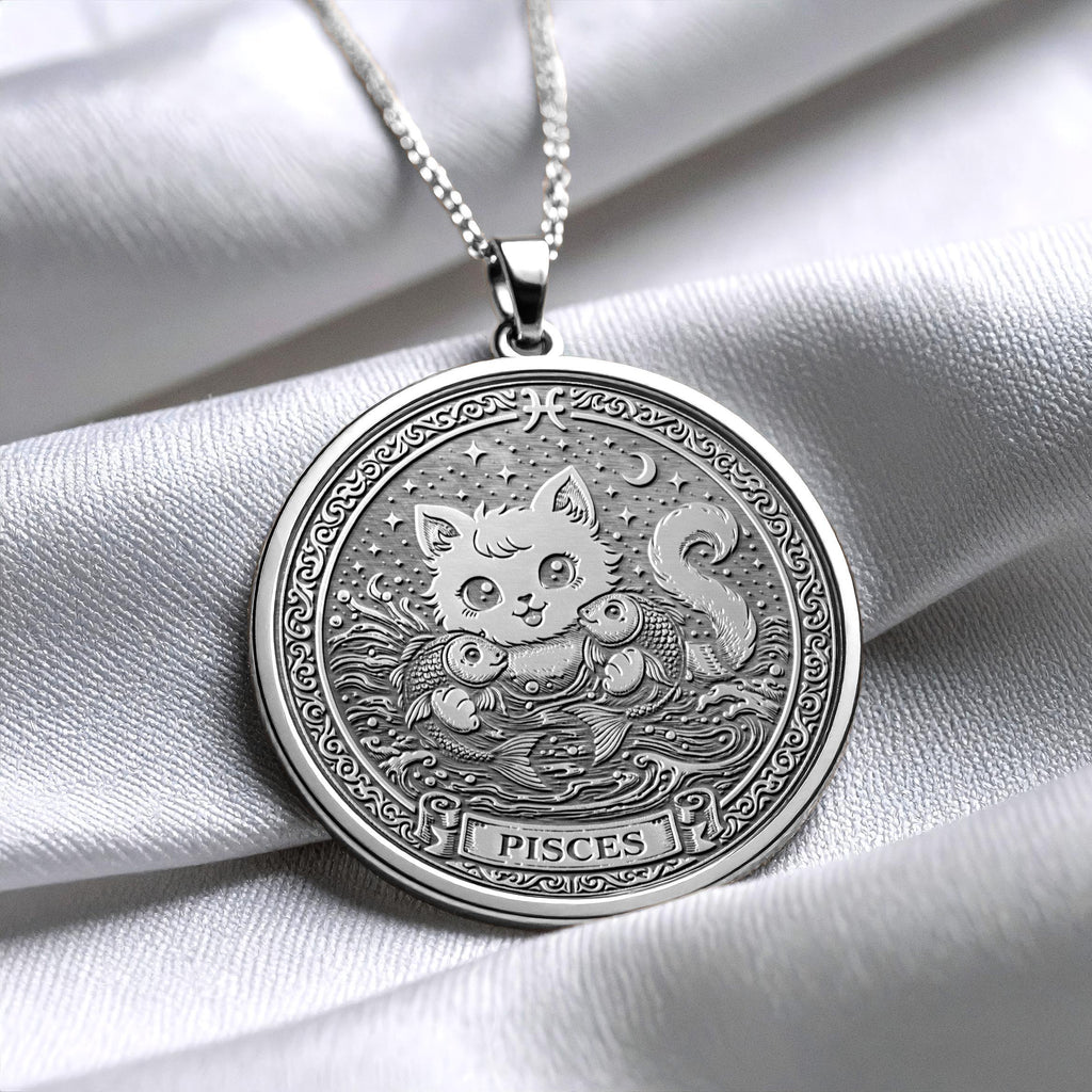 Pisces Zodiac Cat Necklace – 14K Gold Pendant, Astrology Gift