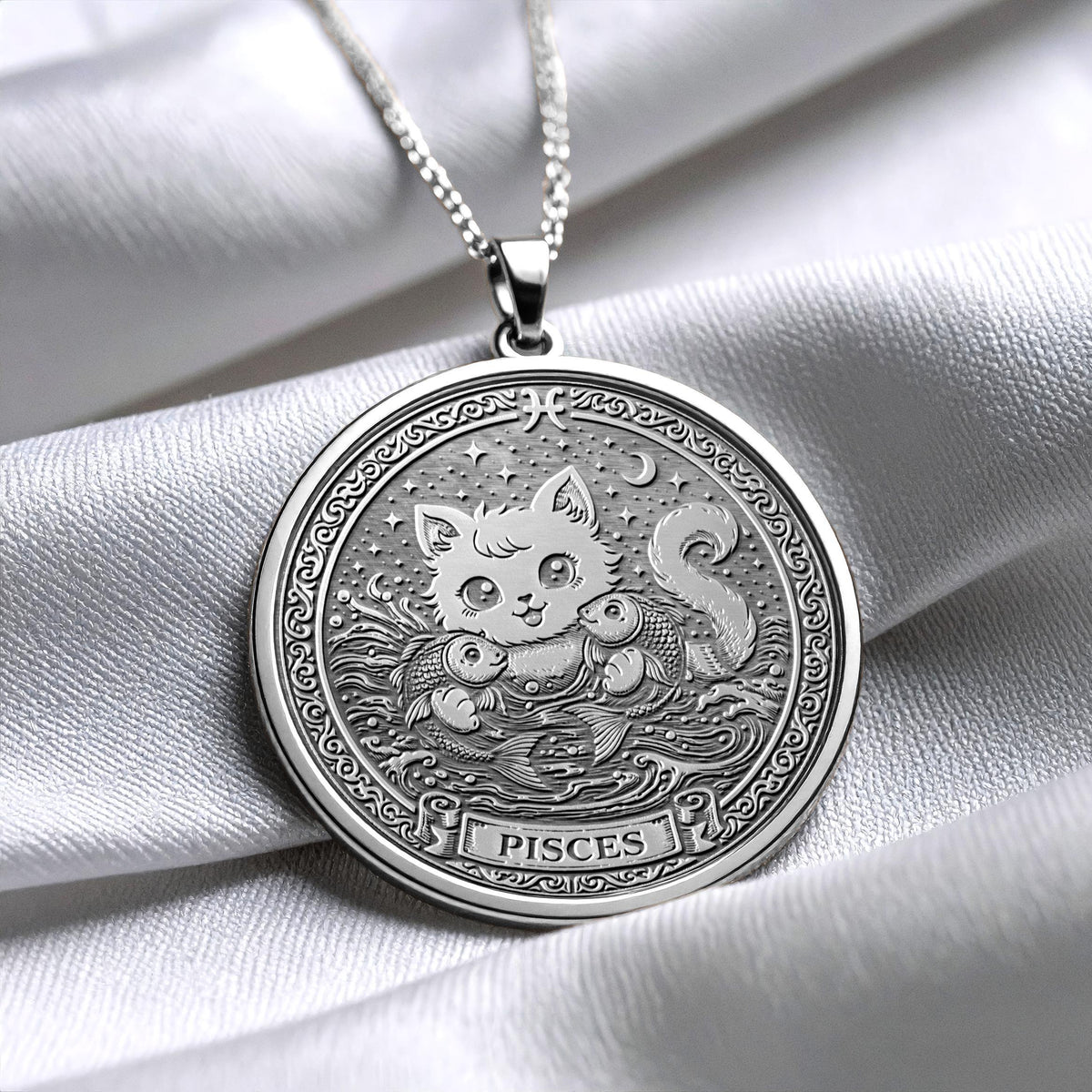 Pisces Zodiac Cat Necklace – 14K Gold Pendant, Astrology Gift