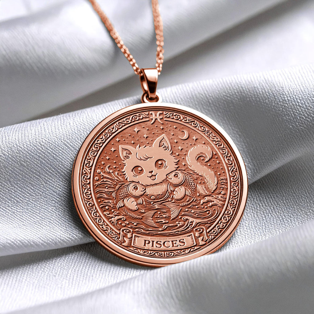 Pisces Zodiac Cat Necklace – 14K Gold Pendant, Astrology Gift