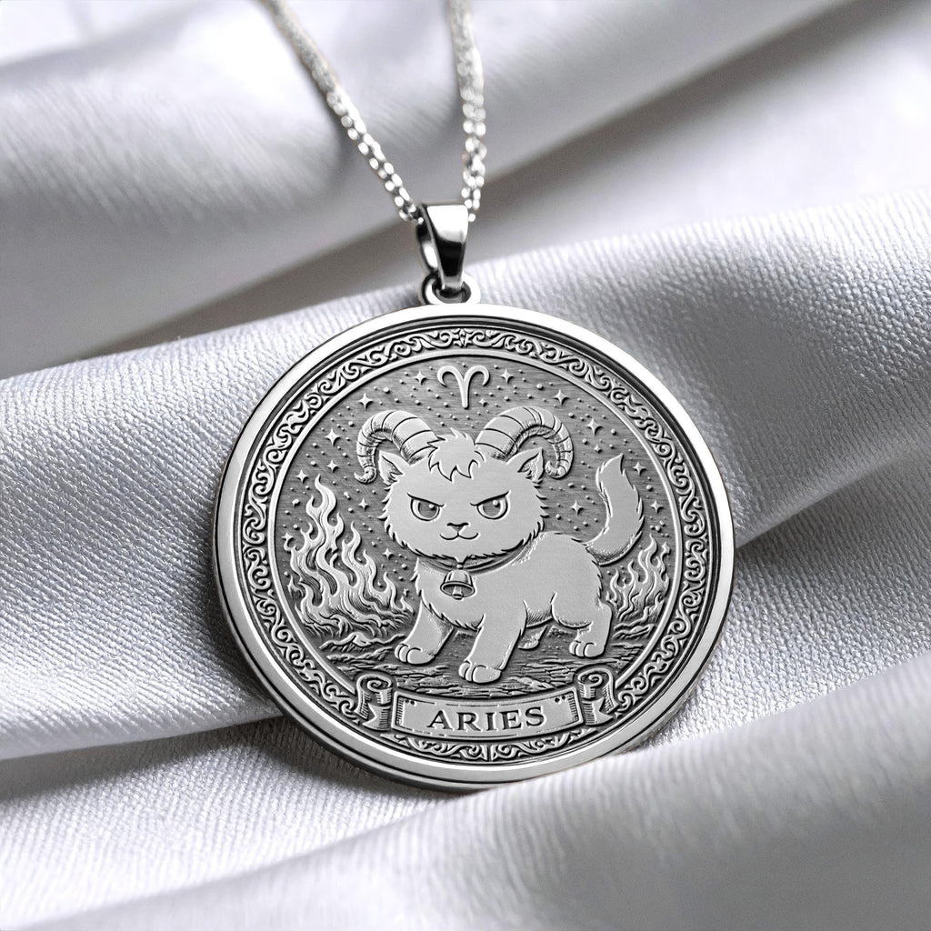 Aries Zodiac Cat Pendant Necklace - Sterling Silver, Gold Options